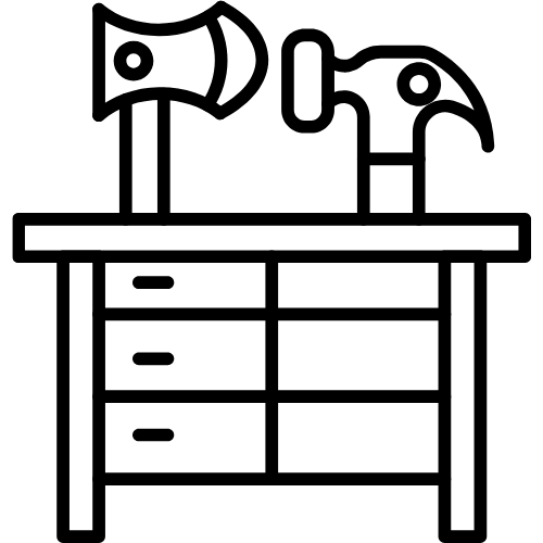 Emoticon of a desk with a hammer and an axe representing the concept of expert craftsmanship in furniture manufacturing.